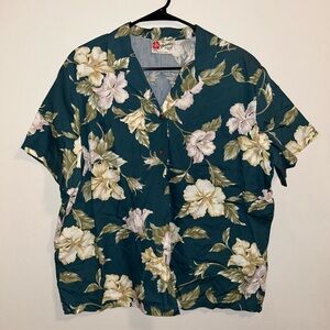 Hilo Hattie Teal Floral Button Down Shirt